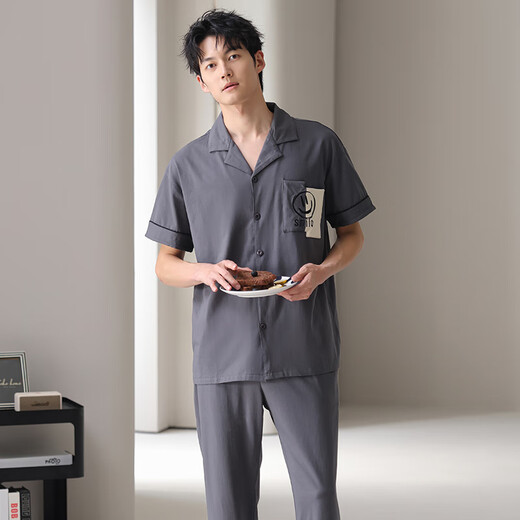 浪莎条纹睡衣男夏季纯棉短袖长裤高级感休闲宽松开衫家居服套装可外穿 848男 L