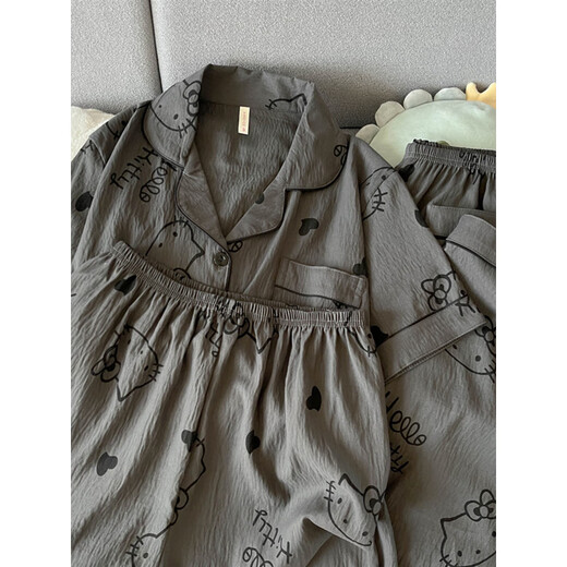 Catman Miiow2025 Neuer schwarzer grauer Höllen-Pyjamas für Frauen im Sommer im Sommer Pure Cotton Gaze Kurzärärmelte niedliche Heimkleidung Drei-teilige Set Yunduo Cotton-9905# Black Love Drei-teilige Set M [Vorschlag 75-100jin [Jin gleich 0,5 kg]]