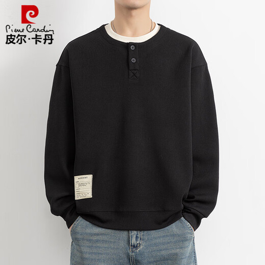 Pierre Cardin fake two-piece sweatshirt for men 2025 spring and autumn Henley collar inner layering shirt long-sleeved T-shirt top knitted off-white 3XL (approximately 160-180Jin Jin equals 0.5kg can be worn)
