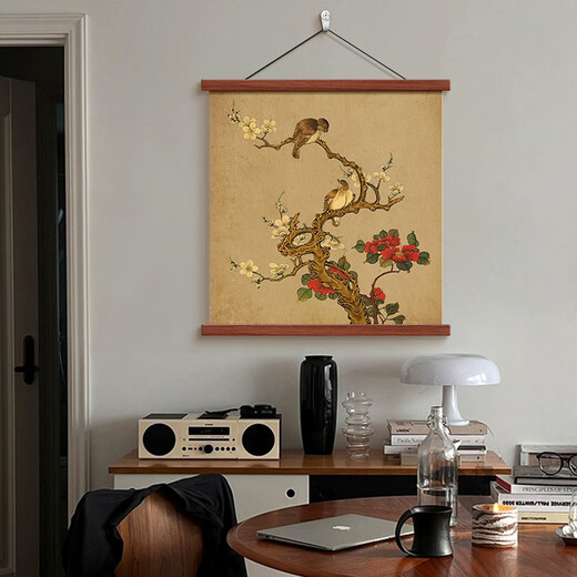 裳淇宋代美学挂绳挂画中古风正方形客厅装饰画新中式喜上眉梢玄关挂画 12171喜上眉梢K 120厘米*120厘米红木色红花梨木