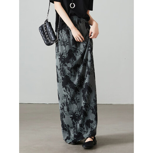 Tachimis TOUCH MISS2025 spring elastic waist skirt for women new retro print versatile high waist mid-length skirt Olive green XS 27