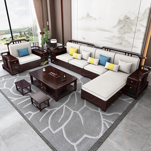 Sala de estar de madera maciza de yayuan nueva combinación de telas de estilo chino de estilo chino Light Luxury Small Apartment Muebles 9906 [Combinación] 1+1+3 [Algodón] Cubierta de algodón y lino