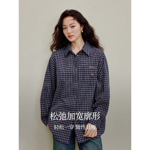 茵曼复古休闲刺绣格子衬衫2025秋女装新款百搭长袖衬衣 宝蓝格 S