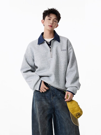 OEMG heavy fake two-piece velvet thickened polo sweatshirt men's autumn and winter lapel loose warm top jacket gray XL recommended 110-130Jin Jin equals 0.5 kg