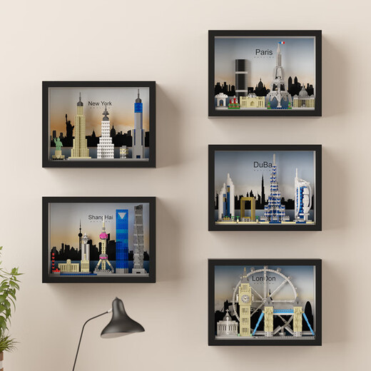World landmarks and architecture city New York Dubai skyline assembled toy building blocks decorative painting hanging painting Dubai skyline 757 particles [photo frame color