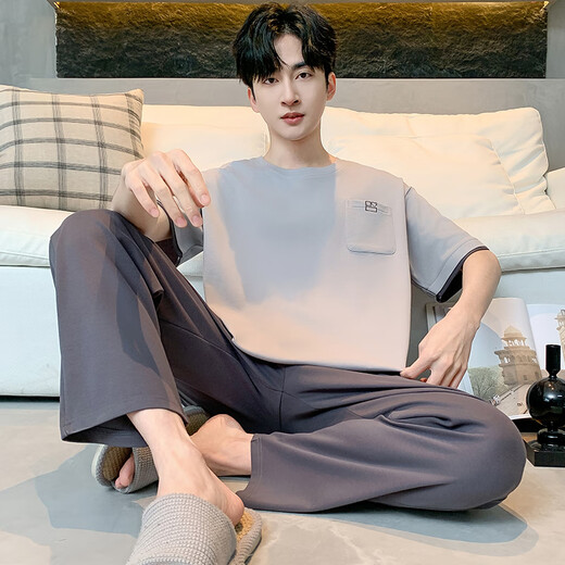 Banana Cotton Pyjamas für Männer im Sommer kurzärmelige Hose 2025 Neu einfaches Feste farbige Jungen-Sensing-Heimkleidung Set 13077 Herren-L-Männerstil