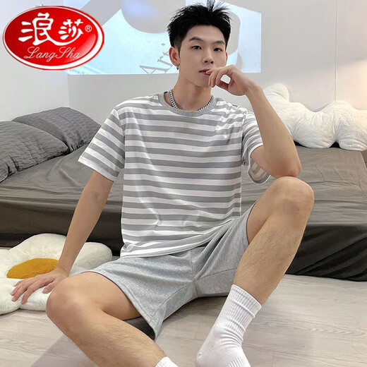 
Langsha cotton pajamas men's summer short-sleeved teenager cartoon student suit thin loose large size can be worn outside home clothes H9928 (short-sleeved shorts) L (recommended 90-110Jin [Jin equals 0.5 kg])