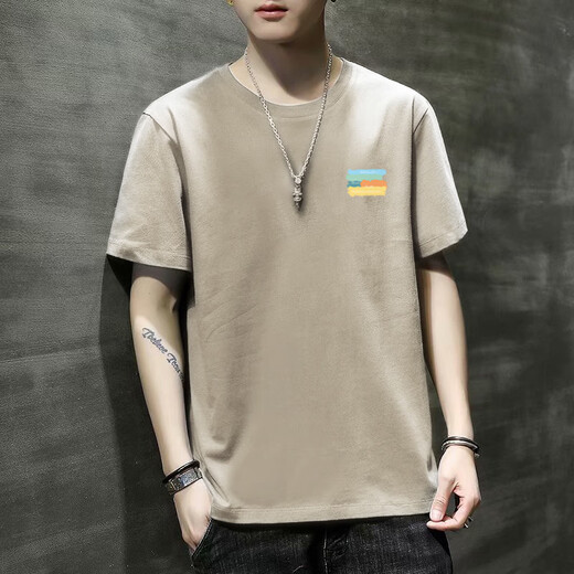 
RVFAN men's short-sleeved T-shirt in summer solid color youth fashion loose round neck pullover casual versatile base shirt large size T733 gray XL