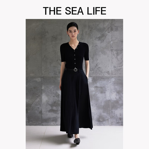 La vie marine tricotée à manches courtes ou hai tout tempérament de vie à manches courtes pour femmes 2025 Automne V-colmes minces 15868 Mage noir M Mage m