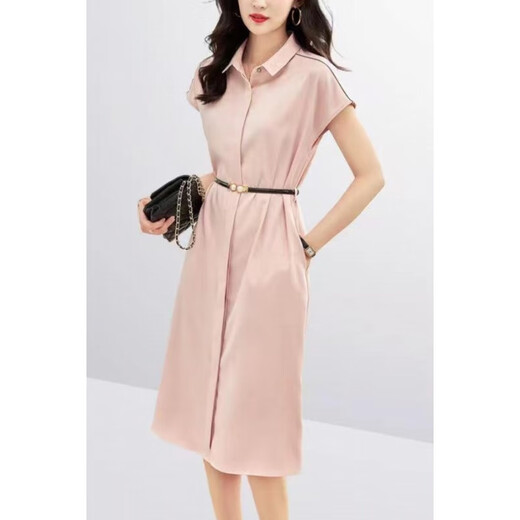 Woodpecker Robe élégante pour les femmes 2025 Été Nouveau style Commutation Couleur unie Couleur courte à manches courtes et minceur de taille moyenne pour femmes vertes (+ ceinture) L 113-125Jin [Jin est égal à 0,5 kg]