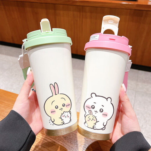 乌萨奇水杯保温杯乌萨奇保温杯学生女款带吸管大容量车载水杯 BXAB10975吉伊咔哇 520ML配挂绳白色彩绘打印
