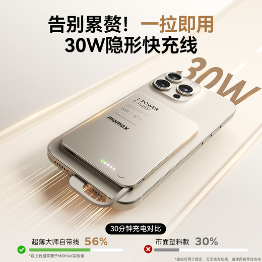 MOMAX ultra-thin 3C certified 30W built-in cable power bank 10000 mAh, portable, can be used on airplanes, can be magnetically adsorbed, suitable for Apple 17promax, Huawei and Xiaomi mobile phones
