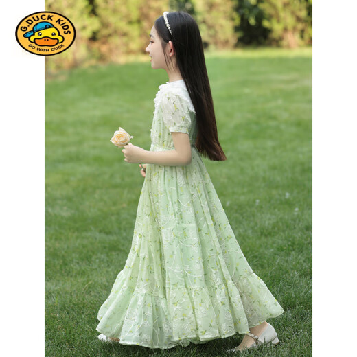 Harrow little yellow duck HAL.DUCK girls' dress summer 2025 new fashionable children's chiffon floral skirt thin big children's summer cotton skirt 6630 light blue free pearl headband 120 cm