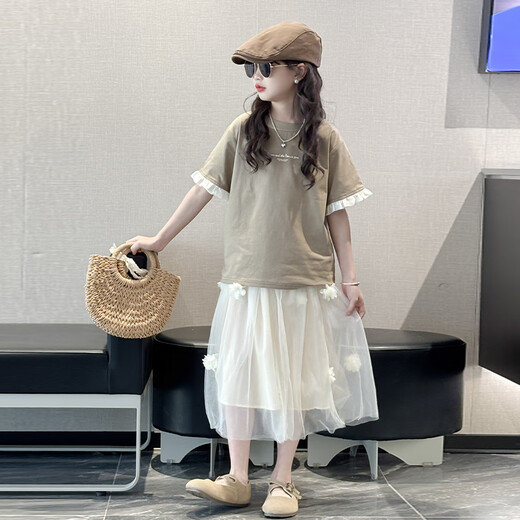 Mokitoul Girl Summer Set Rock 2025 Neues großes Kinder Mädchen Super gute Kurzarm Kindermodische Rock Sommerkaffee Set (High-End-Geschenkboxverpackung) 120 cm