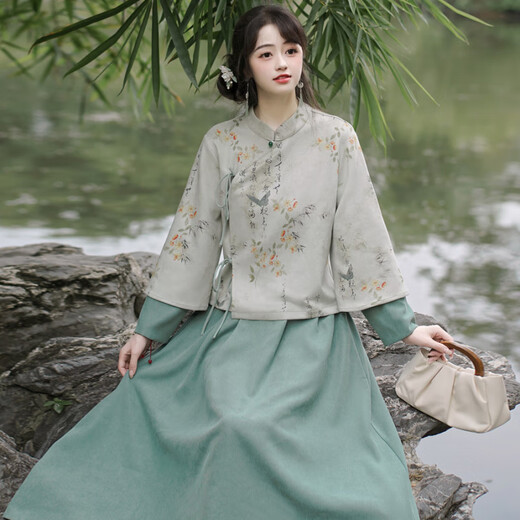 AEMAPE新中式女装两件套装春秋中国风复古多巴胺新款上衣改良汉服半身裙 雪纺两件套仕女红YY9764 L 110-120斤左右