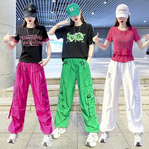 勤度尊巴舞蹈服套装jazz跳舞衣服爵士舞服装女夏街舞广场舞演出服运动 8827红色上衣+6627白裤-套装 M [80-105斤]