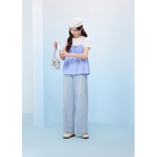 Zihan (ZIHAN) Zihan round neck short-sleeved T-shirt blue grid camisole baby doll shirt two-piece suit for women 2025 summer new style blue grid L