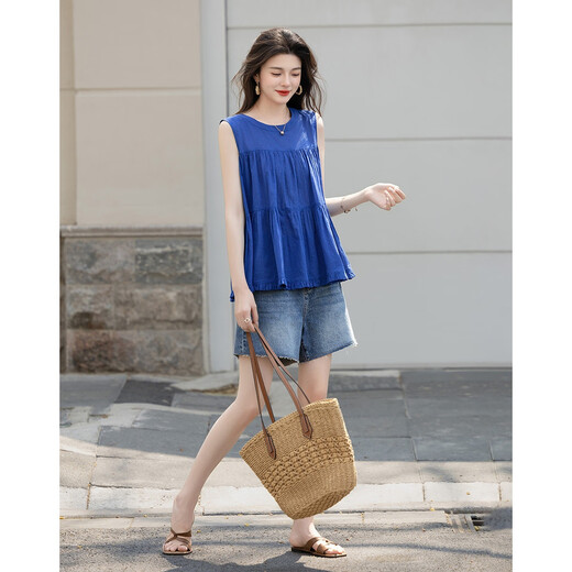 
Demana [Klein Blue] Summer Gentle Cotton Shirt Sleeveless Spliced ​​Loose Small Shirt Women's Top