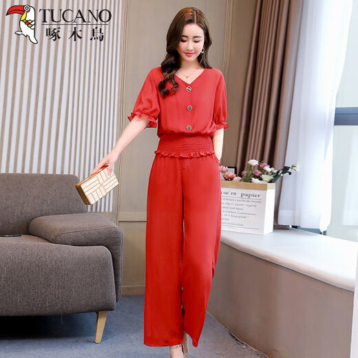 啄木鸟阔腿裤套装2025新款潮雪纺夏装时尚气质洋气减龄小个子两件套女潮 轻薄大红色 【套装】薄 M 【建议100斤以下】