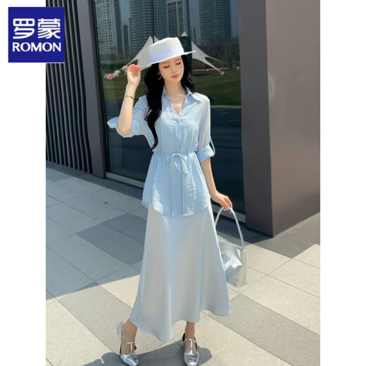 罗蒙绸缎连衣裙两件套女欧洲站2025春夏新款遮肚显瘦天丝收腰衬衫吊带 冰川蓝 套装 L 建议110-140斤