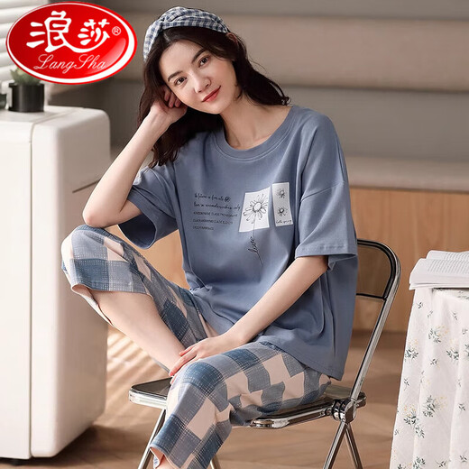 Langsha 2025 neuer Stil Pyjamas für Frauen Sommer Reine Baumwolle kurzärmelige zweiköpfige Sommerstreife Home-Kleidungsstück Set XYZT9885 M Frauenstil empfohlen 80-100 Jin [Jin gleich 0,5 kg]