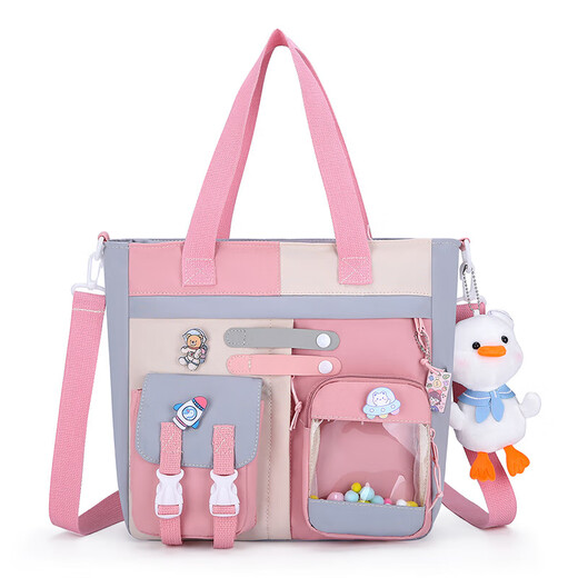 Tutorial-Tasche für Grund- und Sekundarstudenten, Männer und Frauen, Kinderunterrichtsklasse, Handtasche, One-Shoulder-Crossbody-Tasche, kontrastierende Kunsttasche mit großer Kapazität, ZW-0698# Blue Color Ball + Badge + Anhänger
