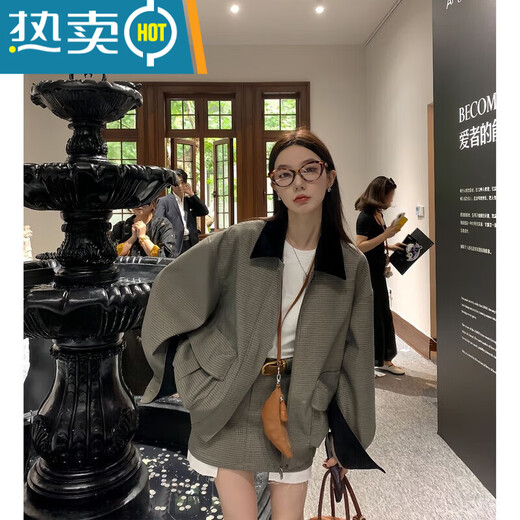 山头林村区区欧阳外套设计感翻领撞色千鸟格外套女春秋慵懒风宽松复古廓形 撞色外套 S