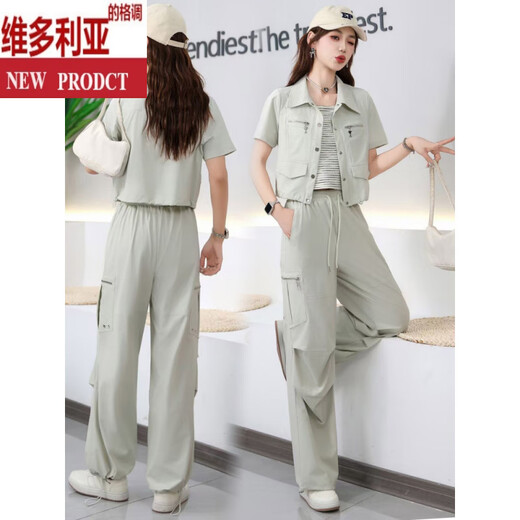 Victorias stilvoller und lässiger und lässiger Arbeitswarenstilanzug Schönes Mädchen 2025 Sommer Neue Kurzärmeljacke mit weitem Bein Hose Hosenträger Drei-teilige grüne Drei-teilige Set M Es wird empfohlen, etwa 90-110jin zu tragen [Jin gleich 0,5 kg]