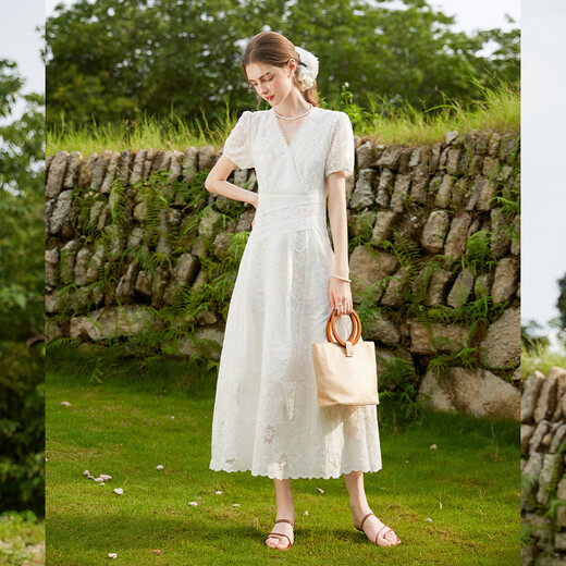 Cierro blanco con cuello en V de encaje empalmado Falda de línea A 2025 Summer NUEVA Temperatura Jacquard Vestido largo con blanco M blanco