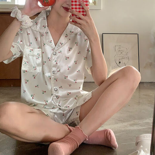 欧伦黛ins新款碎花冰丝睡衣女夏季薄款小清新休闲少女家居服套装可外穿 套YFY9901【丝滑凉感型】 M 【建议80-100斤】