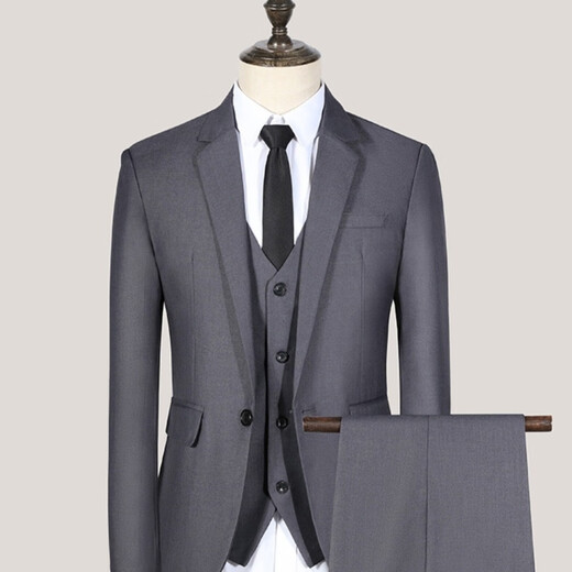 AN Rent groomsmen suit gray suit four-piece suit spring autumn winter groom wedding dress graduation interview formal chorus men's suit gray four-piece suit + bow tie 2XL