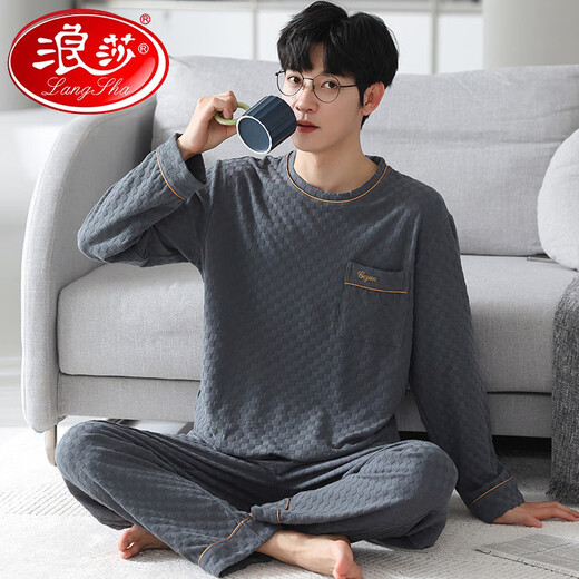 浪莎（LangSha）男士睡衣秋季纯棉长袖长裤家居服春休闲宽松外穿圆领套头套装夏季 MG-89V5009 L