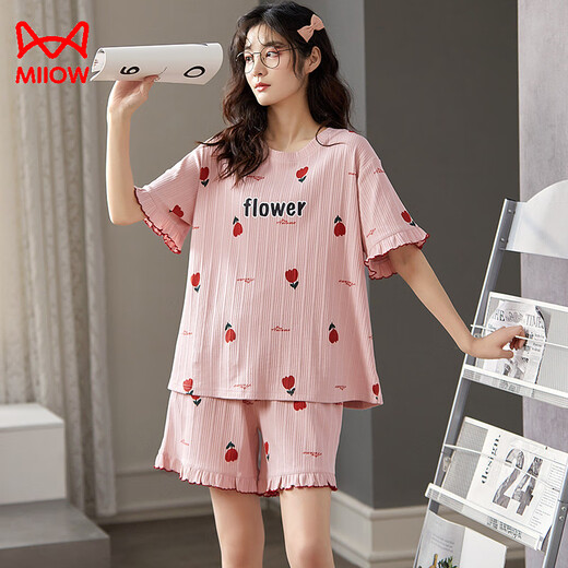 Cat Man Pajamas for Women in Summer Pure Cotton Lindo estilo universitario de estilo universitario de estilo corto de manga corta de dos piezas que se puede usar ropa de casa fuera de GXT-6630 L (recomendado 95-110Jin [Jin es igual a 0,5 kg])