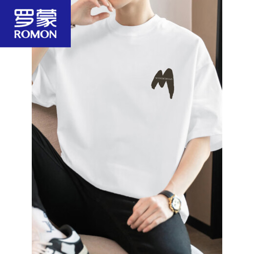 罗蒙（ROMON）260g美式重磅t恤男短袖纯棉圆领上衣服夏季潮流宽松棉半袖体恤 M09-694藏蓝色 2XL 160-180斤