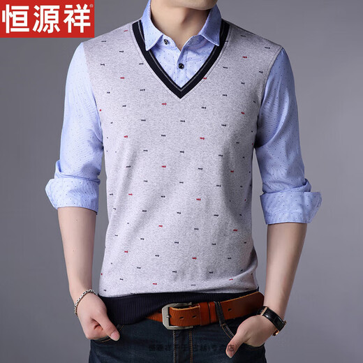 Hengyuanxiang hommes faux pull en deux pièces automne t-shirt à manches longues pull décontracté.
