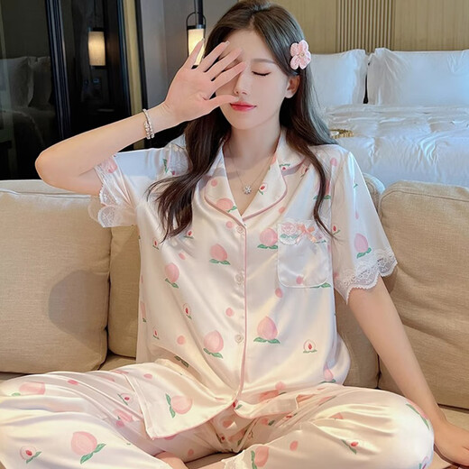 Victoria's style ice silk pajamas for women 2025 new summer thin lace peach short-sleeved trousers sweet home clothes three-piece set AL-YFY9905# peach [short-sleeved + trousers] M [recommended 80-100Jin [Jin equals 0.5 kg]]