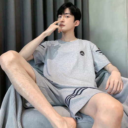 檬纤睡衣男夏季棉质短袖短裤青年学生家居服宽松大码薄中年男士套装 H9928(短-袖短裤) L (建议100-120斤)