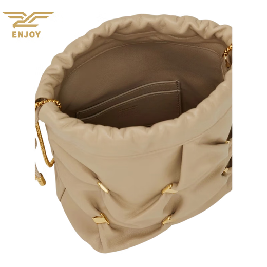 Ferragamo Bucket Bag Women's Bag New Shoulder Bag Drawstring Closure Casual Bag Exquisite and Versatile Beige