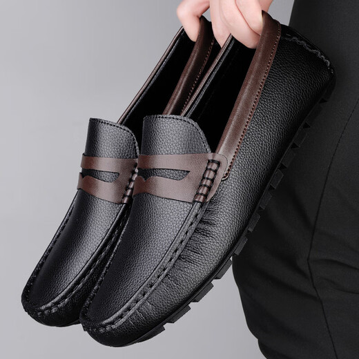 Men's shoes, business casual leather shoes, soft sole bean shoes, men's shoes, cowhide soft sole genuine leather breathable and versatile soft leather, middle-aged and elderly black brown 9906mt 46 (280mm)