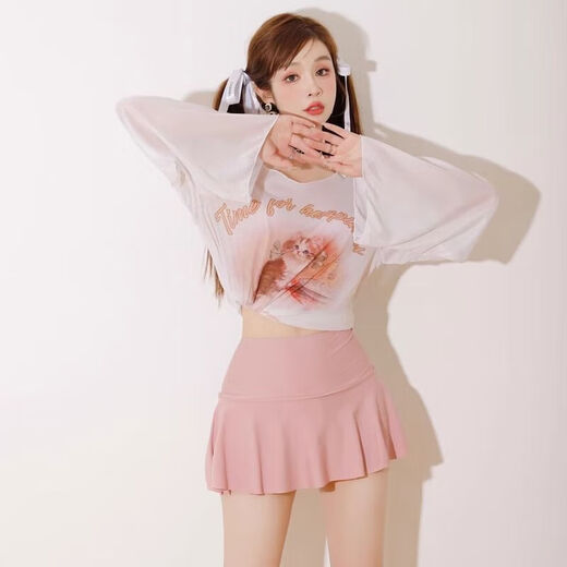 Lugeli swimsuit for women, conservative split long-sleeved blouse, skirt style, sun protection, flesh-covering, slimming, hot spring vacation, simple style swimsuit, three-piece set, pink, one size fits all, 80-120Jin Jin is equal to 0.5 kg, can be worn