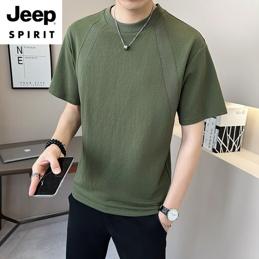 JEEP SPIRIT棉麻男士短袖t恤夏季新款2025设计感休闲圆领潮流百搭亚麻t恤衫男 9866绿色 L