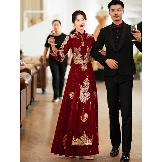 Ai Feilin new Chinese toasting dress cheongsam 2025 new burgundy Xiuhe dress bride wedding long-sleeved high waist slimming belly covering light Xiuhe dress 80 M