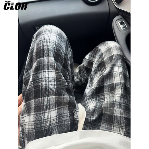 CLOR autumn and winter plaid casual pants men's American fashion brand loose retro contrast color versatile straight pants CL87 black plaid 2XL