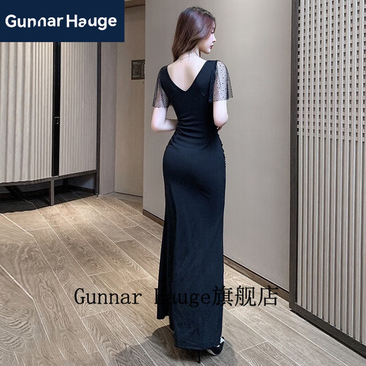 Gunnar Hauge性感礼服性感洋装低胸气质晚礼服长版足浴桑拿技师沐足工作服 3883黑色 M 建议95-105斤