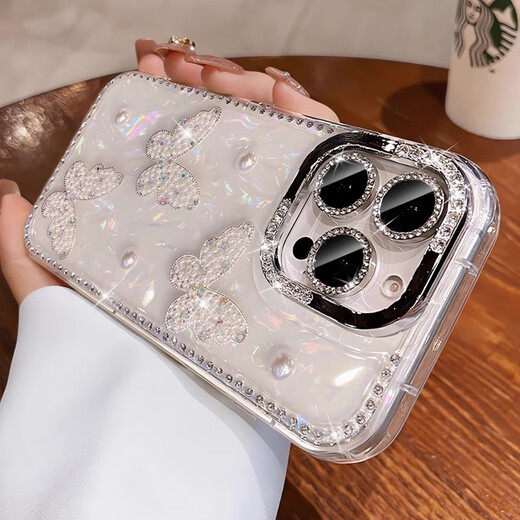 秒扬 适用苹果16promax手机壳iphone15新款水钻镜头膜14pro珍珠蝴蝶贝壳纹13防摔12相机按键全包高级 【纯色蝴蝶】AI相机按键-珍珠水钻-带镜头膜 iPhone 16promax