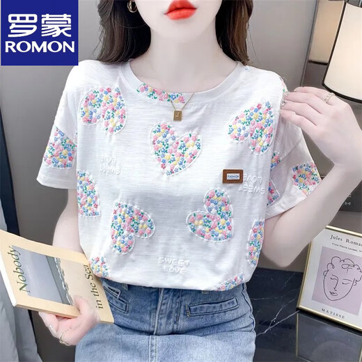 Romon Pure Cotton Love imprimé T-shirt à manches courtes pour les femmes 25 Nouveau été nouveau coréen décontracté cou rond Blanc 5012 # Lettre rose S Convient pour 80-99jin [Jin est égal à 0,5 kg]