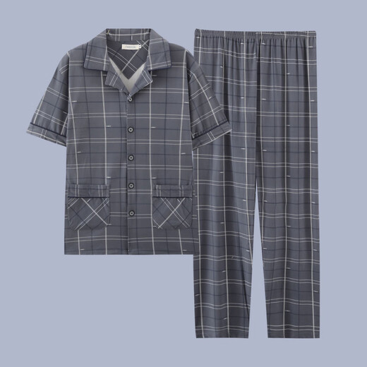 TTPMER pajamas men's summer cotton short-sleeved trousers summer cardigan thin large size student youth home wear suit G3884 blue (short-sleeved) 185 2XL recommended 140-160 Jin Jin equals 0.5 kg