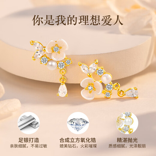 Laofengxiang pure silver earrings for women, light luxury fashion moon camellia earrings birthday anniversary gift for girlfriend and wife, shipped from Yagura, moon camellia earrings