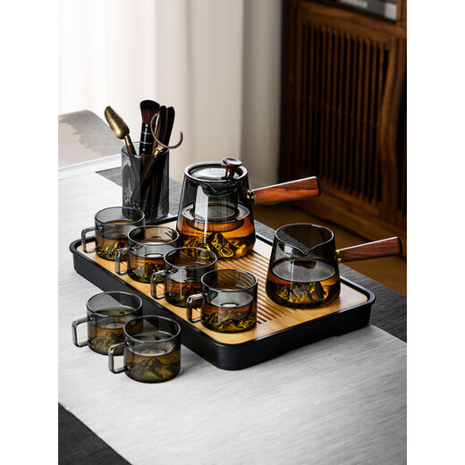 MZXM Japan imported quality glass tea set set for making tea, household tea tray, large capacity living room tea cup, office tea cup, transparent 600ml mountain view pot set, 8 pieces, complete set