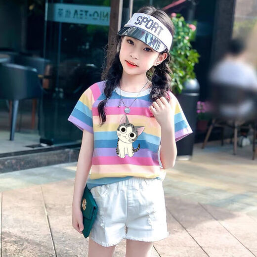 HARROW Little Duck Children's Clothing's Girls T-shirt à manches courtes pour les vêtements d'été pour femmes NOUVEAUX COTTON MIDE MIDE LAGES LES BRAINES À MANDE RAI-COLUSE LOBE À MANDE RAIS